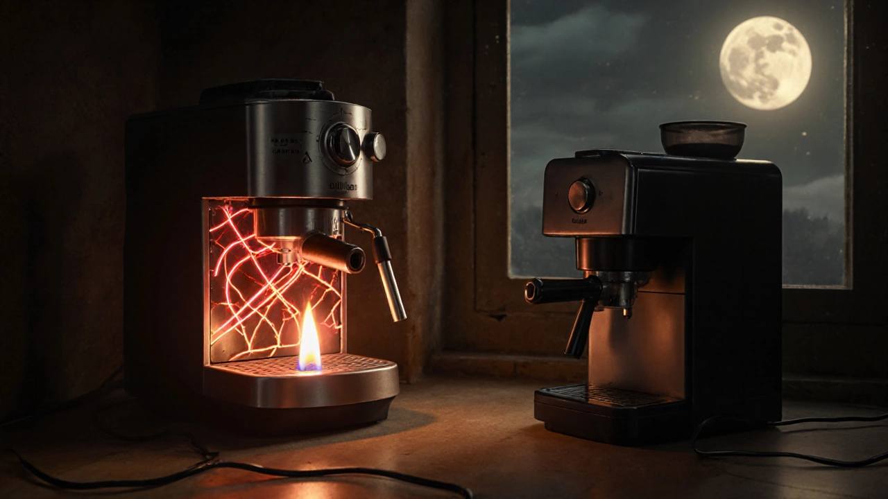 A coffee machine overheating with warning signs and flame, contrasted with a safe, unplugged machine nearby.