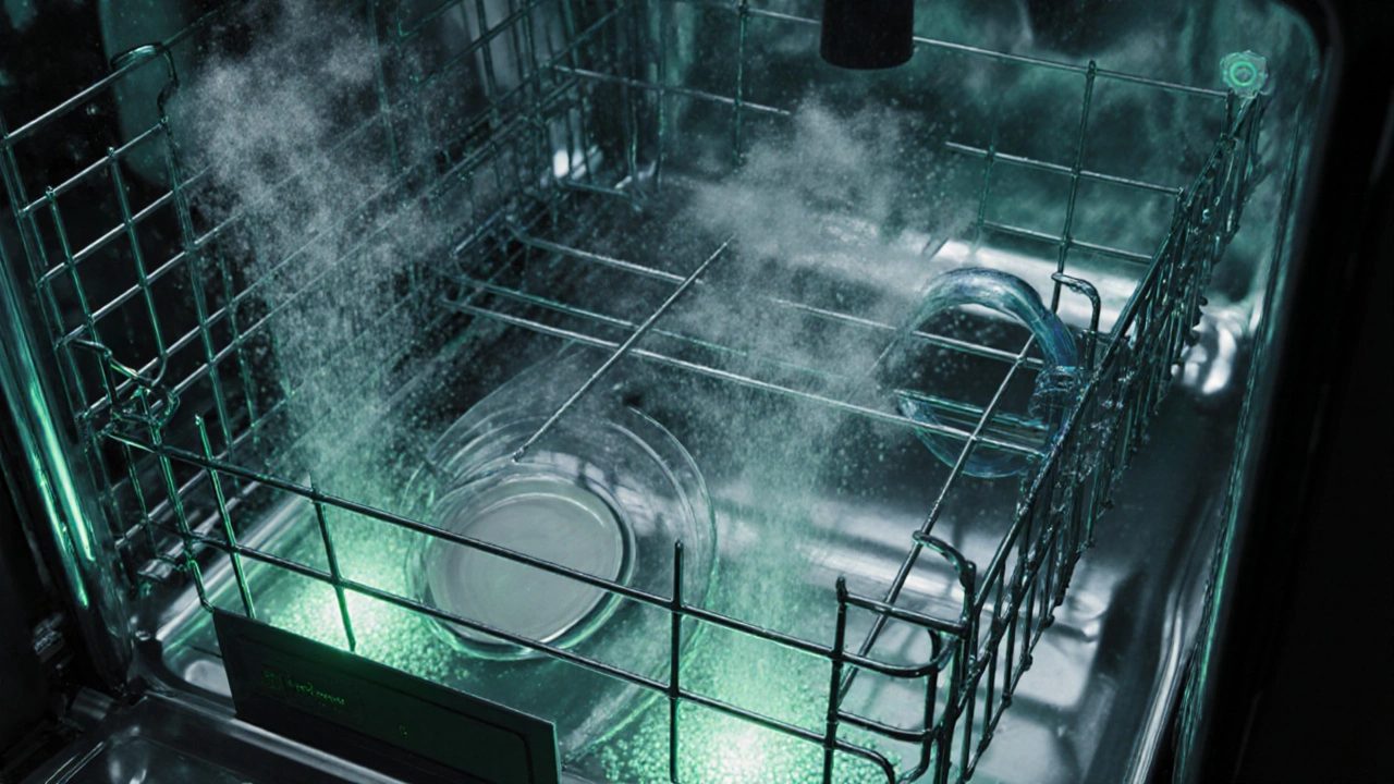 Close‑up of a premium dishwasher interior with dual spray arms, adjustable rack, and zeolite particles.