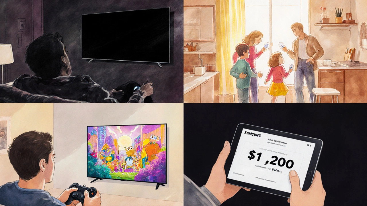 Collage of a movie lover, family, gamer, and shopper choosing between OLED and QLED TVs.