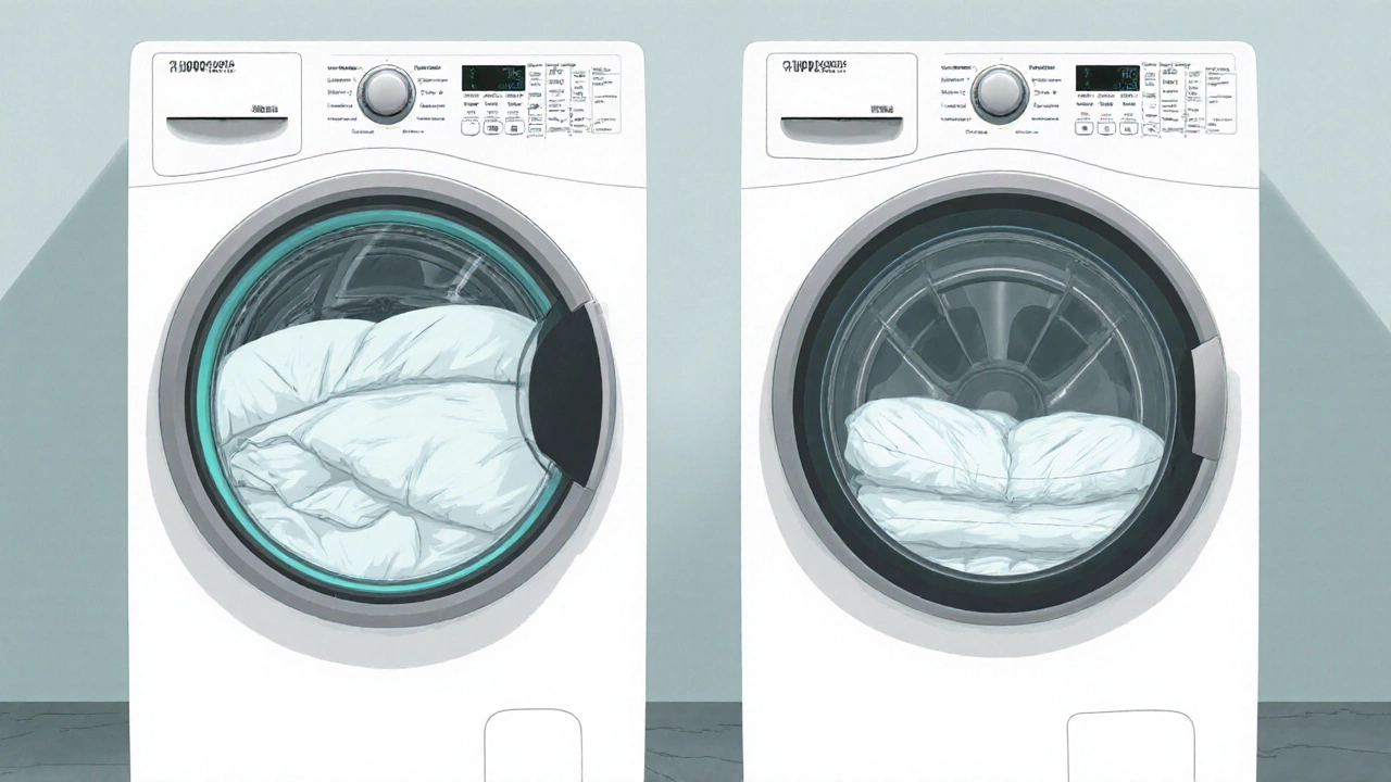 Comparison of deep cylindrical front‑loader drum and shallow top‑loader drum with comforter.