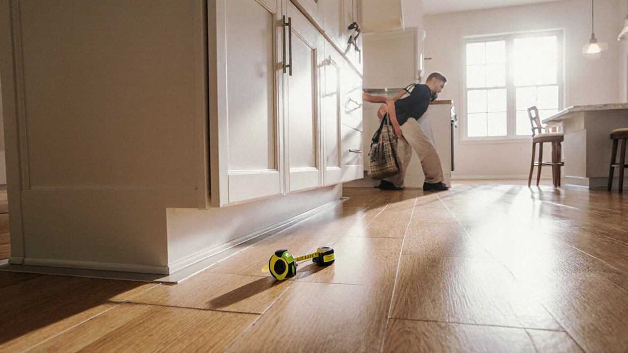 Completed kitchen with level cabinets, toe‑kick, and flooring meeting the cabinet edge, sunlight streaming in.