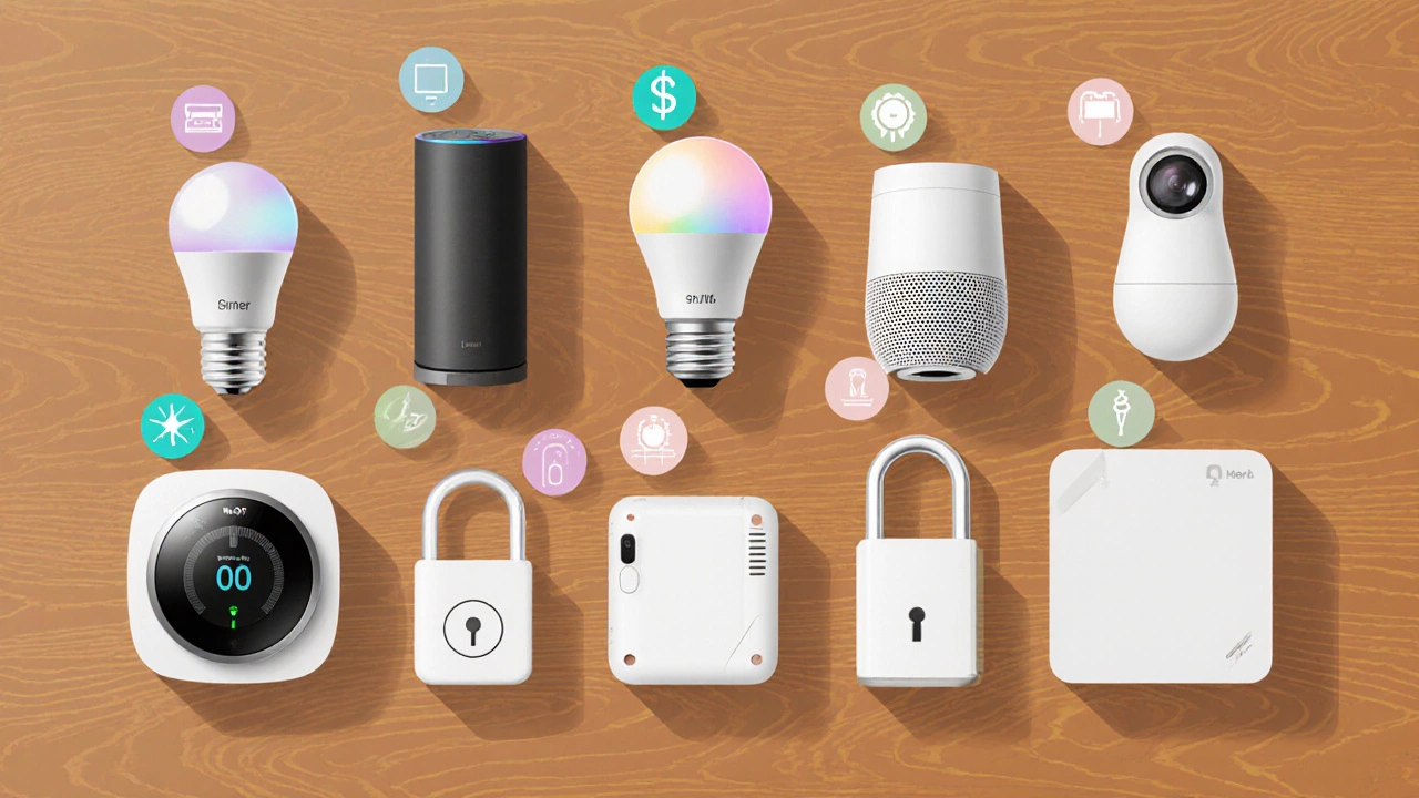 Flat‑lay of common smart home devices on a wooden surface.
