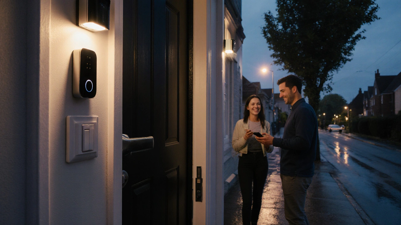 Front door with smart lock and video doorbell, illuminated at twilight as a couple unlocks it with their phone.