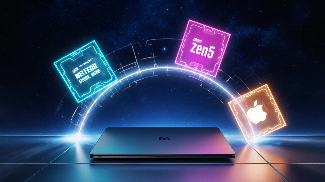 Futuristic holographic timeline showing next‑gen Intel, AMD, and Apple processors above a laptop.