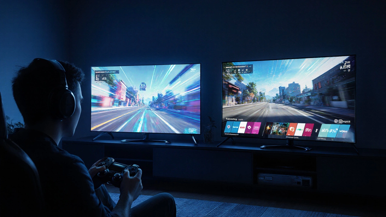 Gamer playing console with an LG OLED and a Samsung QLED TV side by side, highlighting gaming performance.