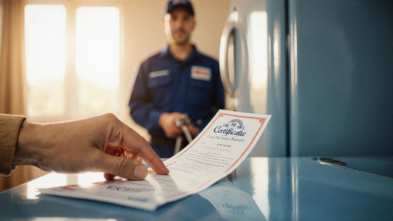 Hand places a long‑term warranty certificate on a fridge beside a service technician.
