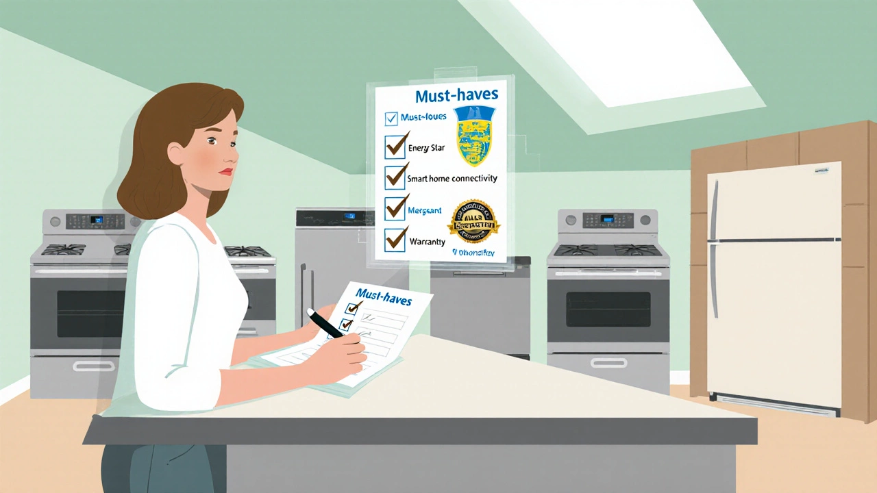 Homeowner reviewing a checklist beside holographic icons of energy and smart features at a showroom.