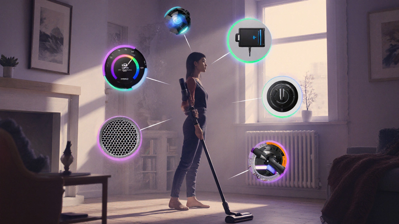 Homeowner surrounded by floating icons of air‑watts, HEPA filter, motor, battery, and suction dial near a stick vacuum.