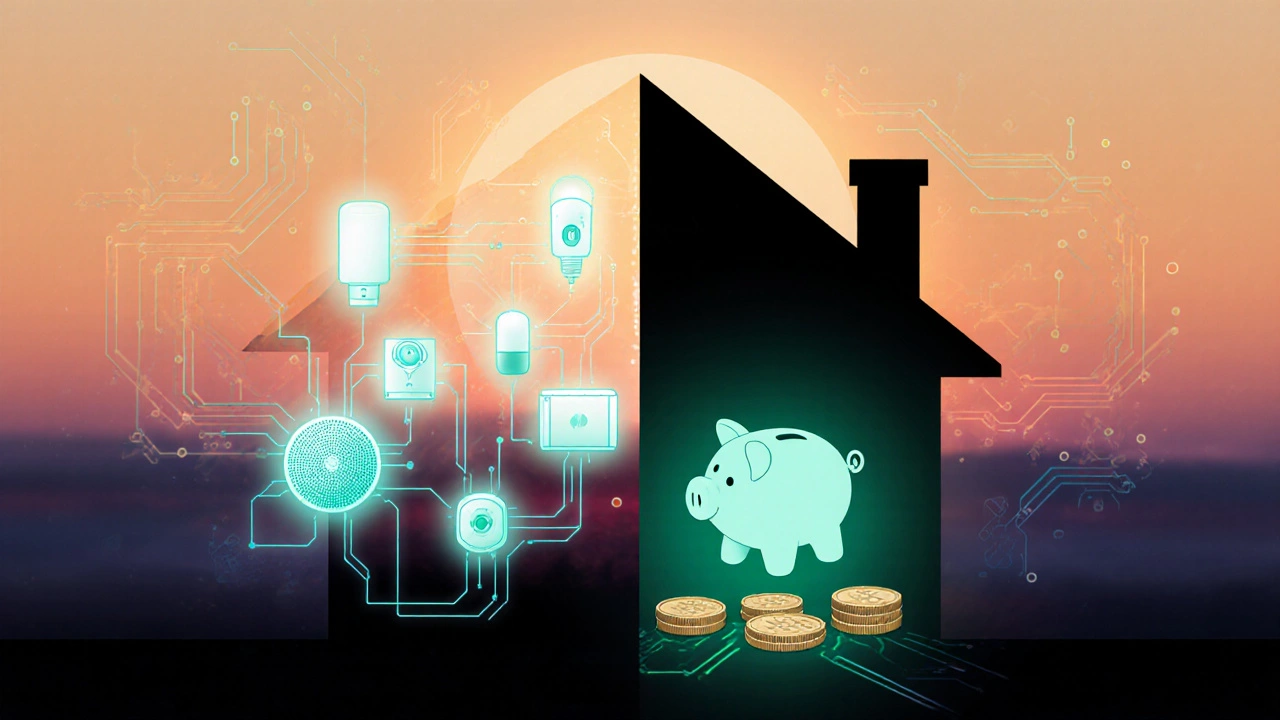 Illustration of a house with smart devices and coins representing savings.