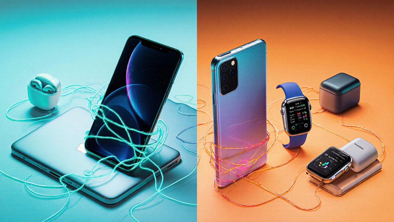 Illustration of Apple devices linked to an iPhone and Samsung devices linked to a Galaxy phone.