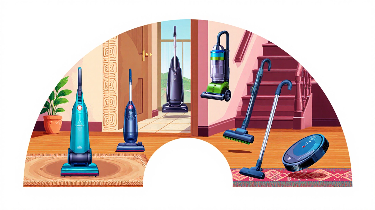 Illustration of upright, canister, robot, handheld, and stick vacuums each on appropriate floor surfaces.
