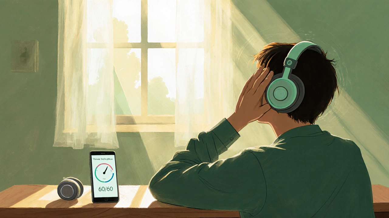 Individual resting with headphones off, decibel level shown below 85 dB, enjoying a break.