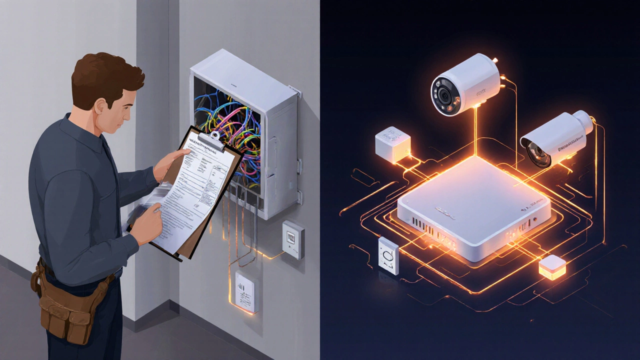 Isometric illustration of installer setting up a thermostat and security hub with glowing integration lines.