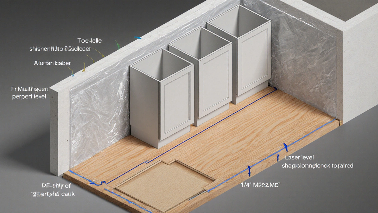 Isometric illustration showing layers from subfloor to installed cabinets and flooring with expansion gap.