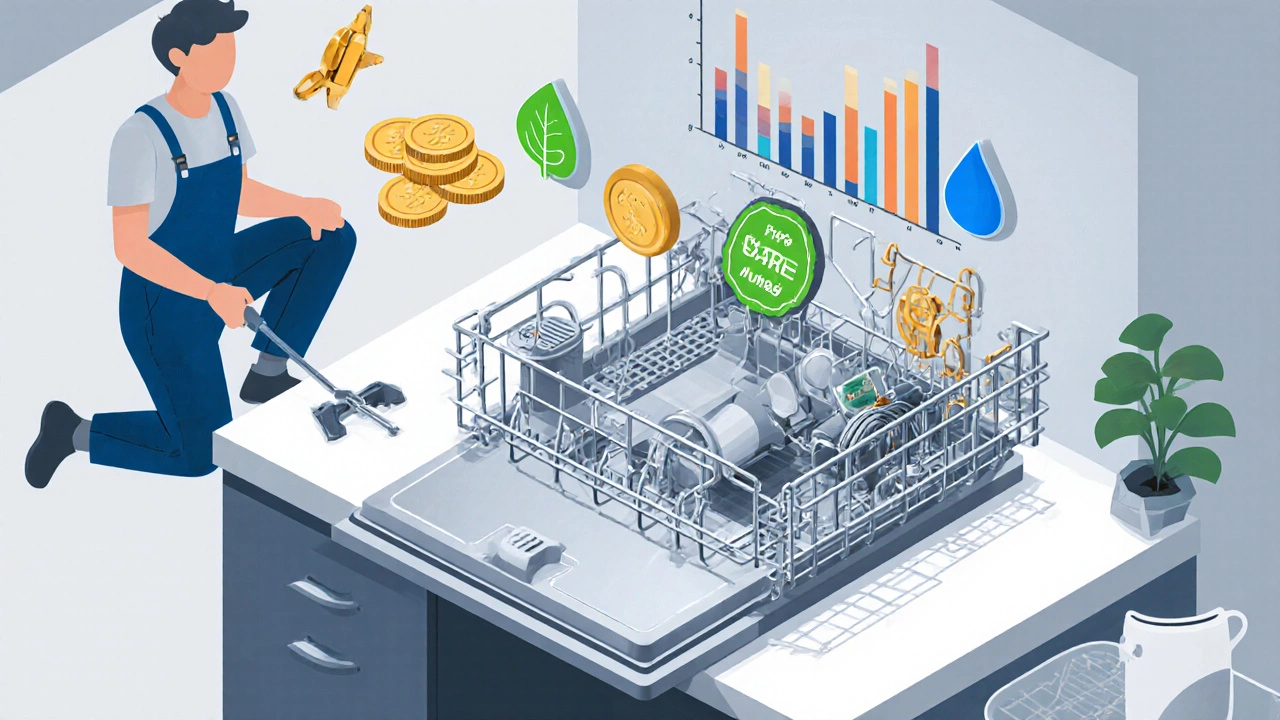 Isometric kitchen workbench displays dishwasher parts with floating icons for cost, energy and water.