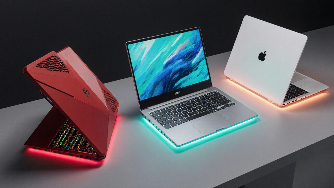 Isometric view of three laptops: gaming, creator, and battery‑focused models side by side.