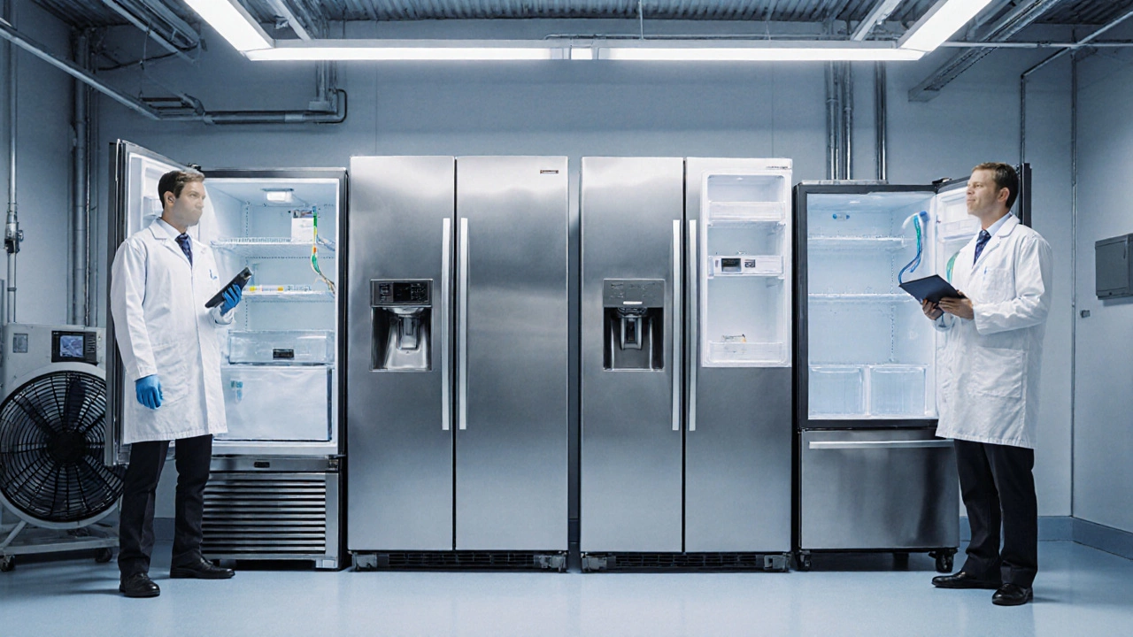 Laboratory setup with four fridges of different layouts, technicians measuring energy use under cool lighting.