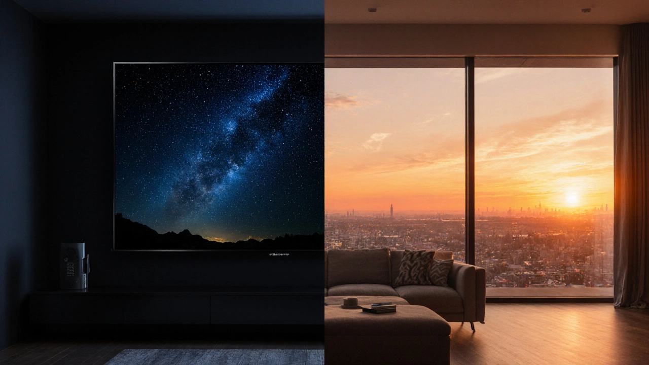 LG OLED TV shows deep blacks in a dark theater while Samsung QLED TV displays bright HDR in a sunny room.