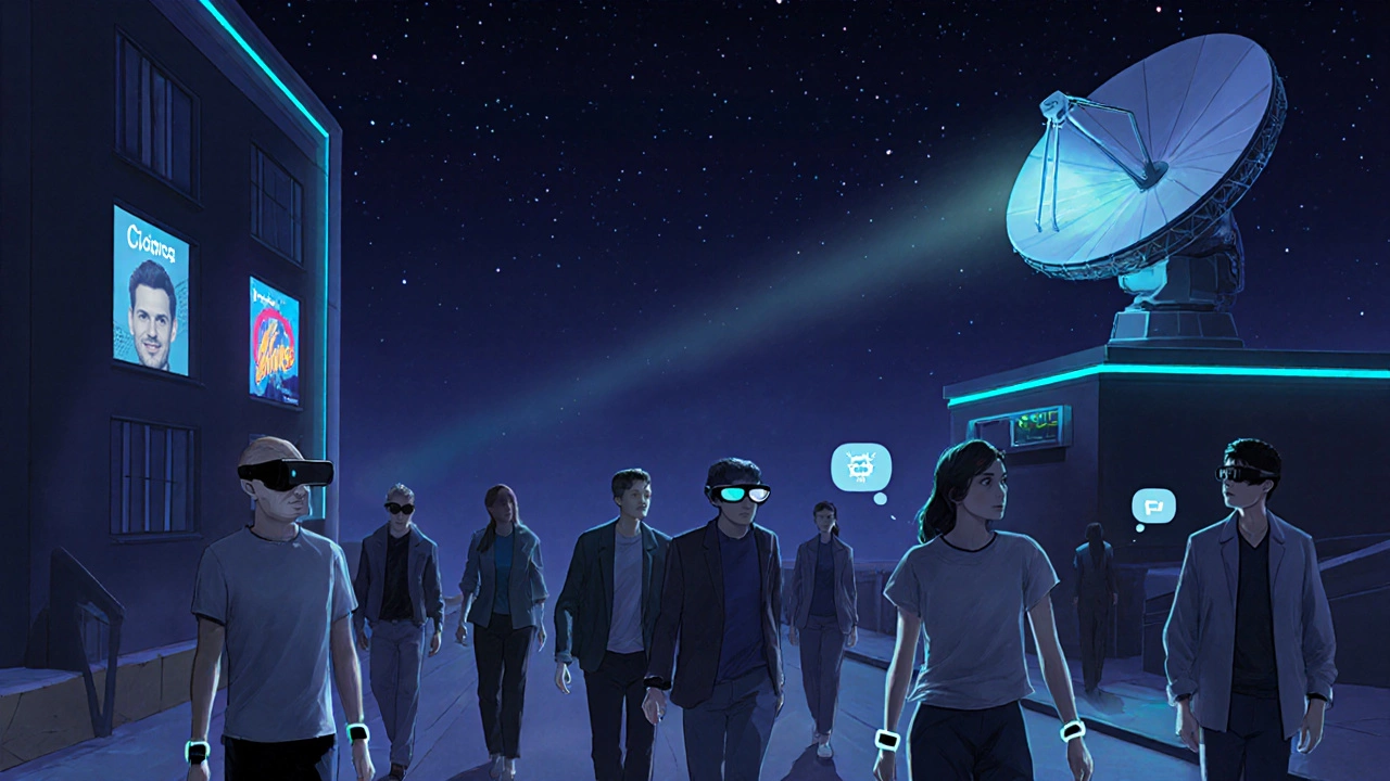 Night street scene with wrist bands, AR glasses, BCI headsets, and a satellite dish overhead.