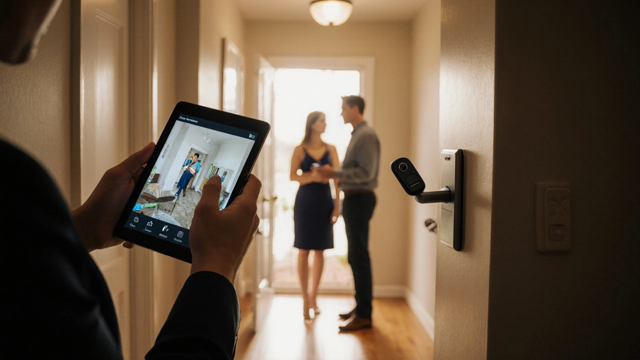 Open house scene where agent shows tablet live security feed and smart lock to potential buyers.