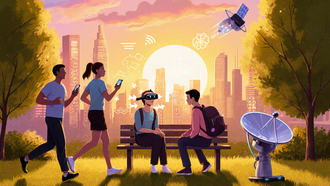 People using smartwatch, AR glasses, BCI headset, and satellite terminal in a sunny park.