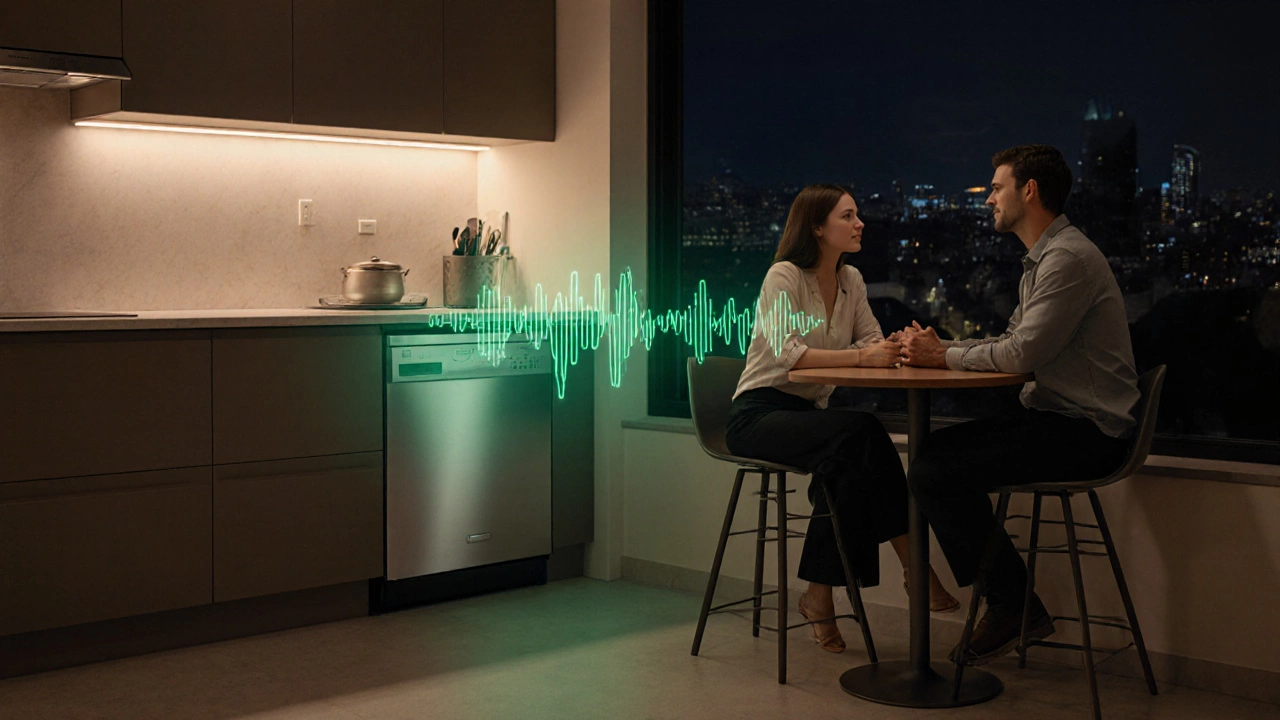Quiet kitchen at night with a serene stainless steel dishwasher glowing green, indicating low noise and energy efficiency.