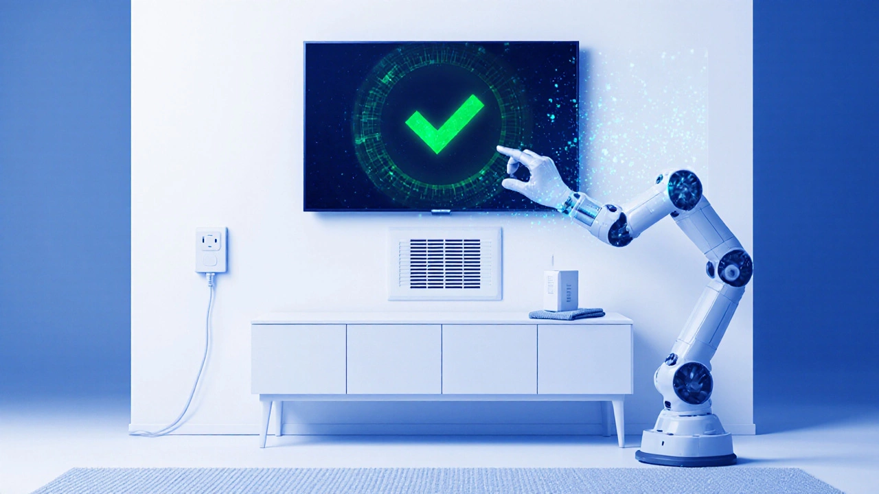 Smart home scene showing a TV with AI health overlay, surge protector, and ventilation care.