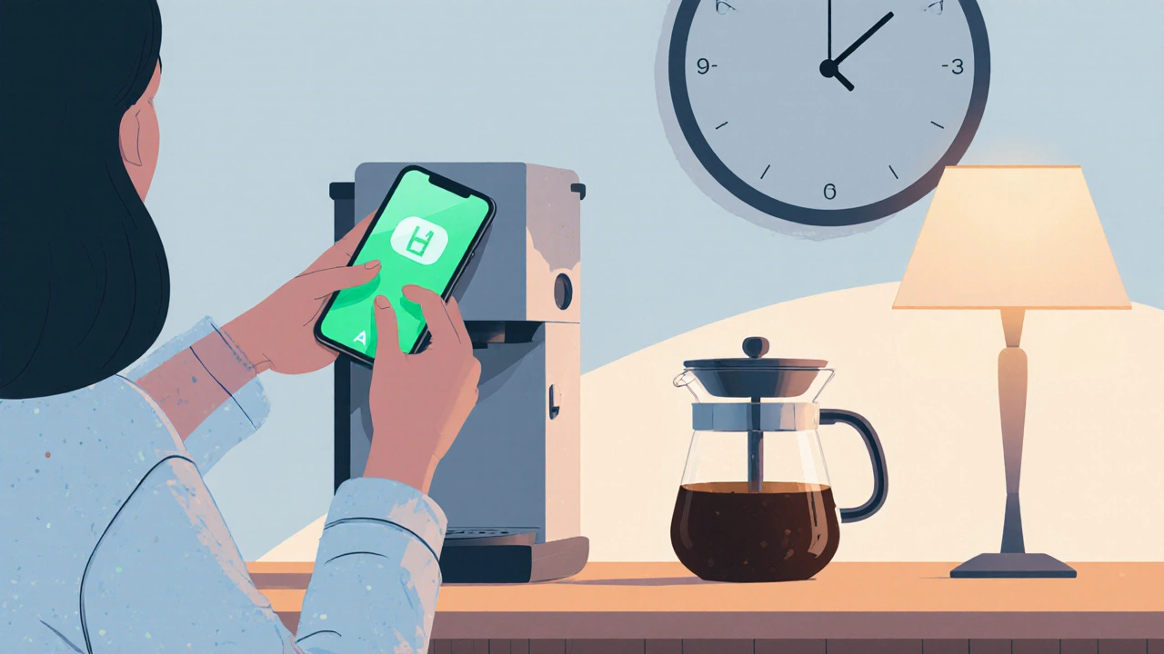 Someone turning off a smart coffee machine using a phone app, with a thermal carafe and smart plug visible.