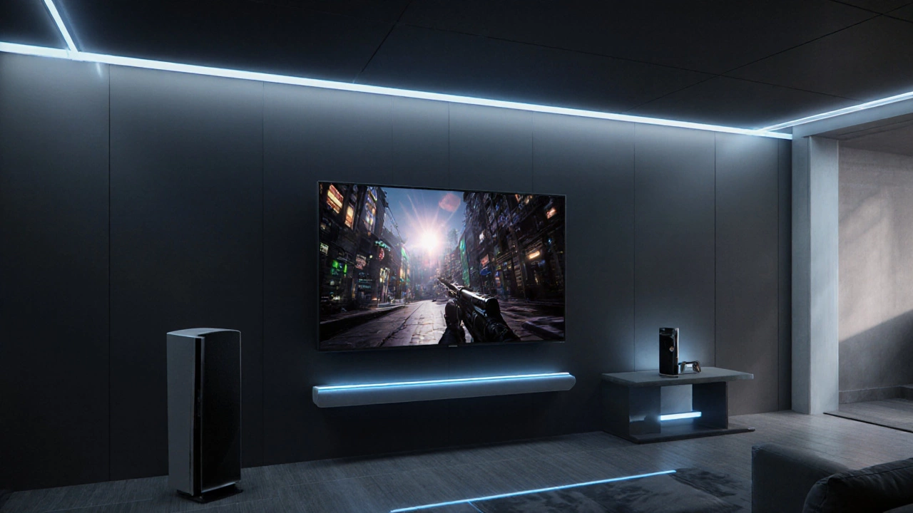 Spacious room with an 85‑inch HDR TV, sleek soundbar, and gaming console.