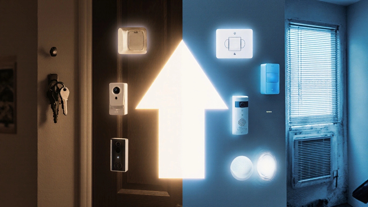 Split image showing traditional home vs. smart home upgrade with glowing tech elements and ,000 value arrow.