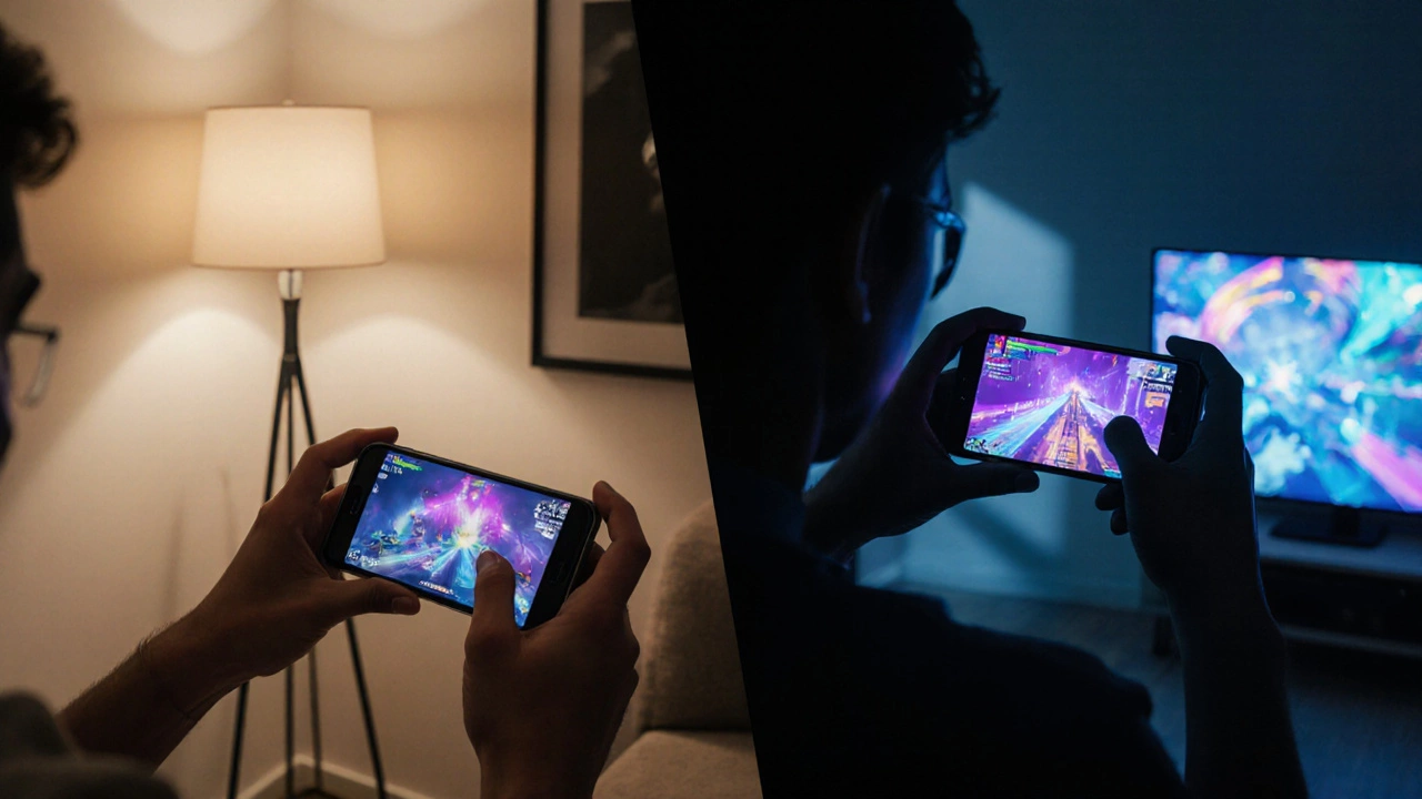 Split‑screen scene of a person watching video on an iPhone and another playing a game on a Galaxy phone.