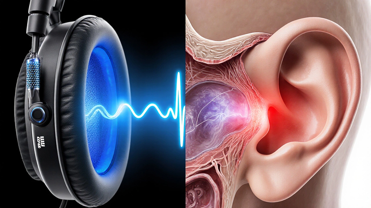 Split view of ANC headphones emitting anti‑noise wave and a cochlea with stressed hair cells.