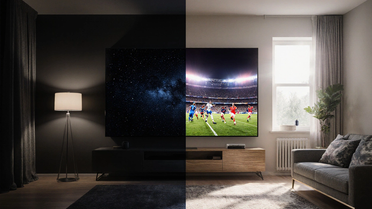 Split view of OLED in a dark theater with true blacks and QLED in a sunny room with bright HDR.