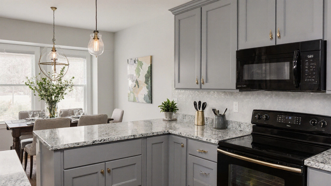 Staged kitchen featuring soft gray cabinets, satiny finish, sleek countertop, ready for resale.