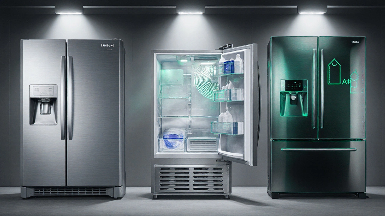 Three high‑end refrigerators displayed together with subtle reliability cues.