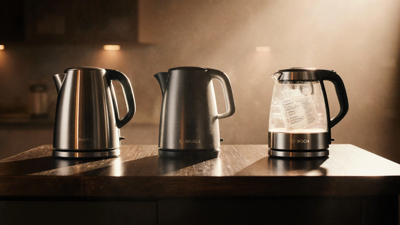 Three premium quick‑boil kettles displayed on a wooden island with warm lighting.