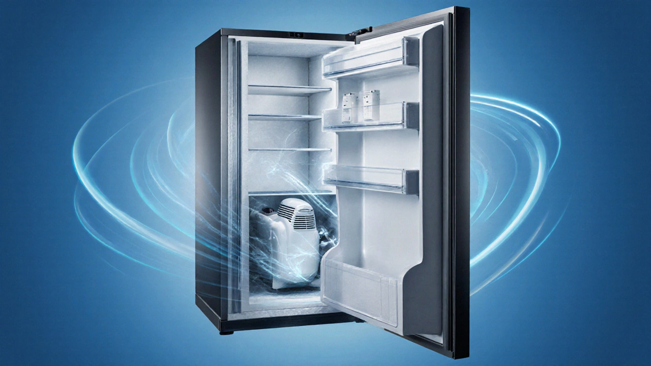 Transparent LG fridge showing its linear compressor in motion, highlighting energy efficiency and quiet operation.
