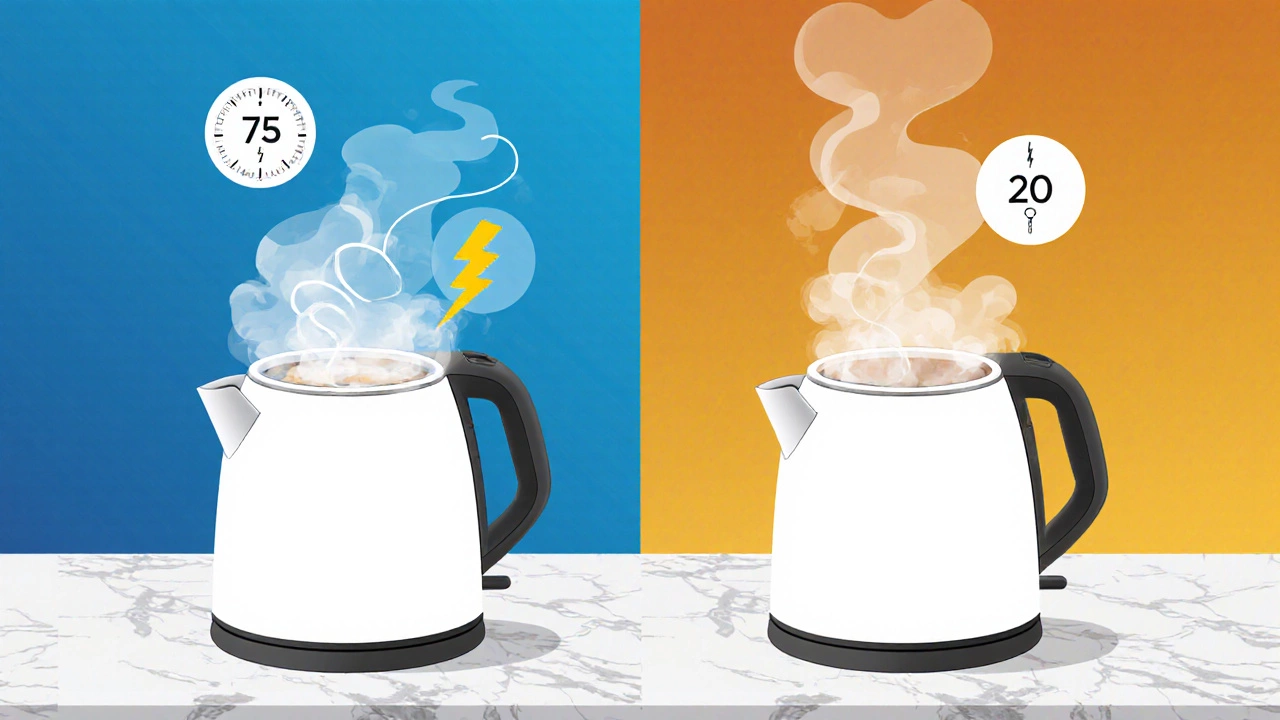 Two kettles side by side showing fast steam from a quick‑boil kettle and slower steam from a standard kettle.