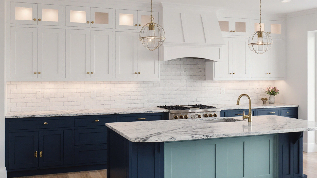 Two‑tone kitchen: white upper cabinets, navy lower cabinets, brass hardware, teal island.
