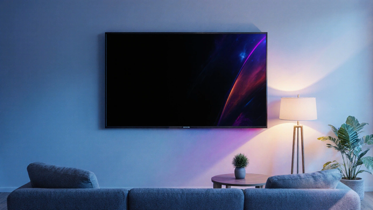 Wall‑mounted 75‑inch 4K TV viewed from a sofa in a stylish living room.