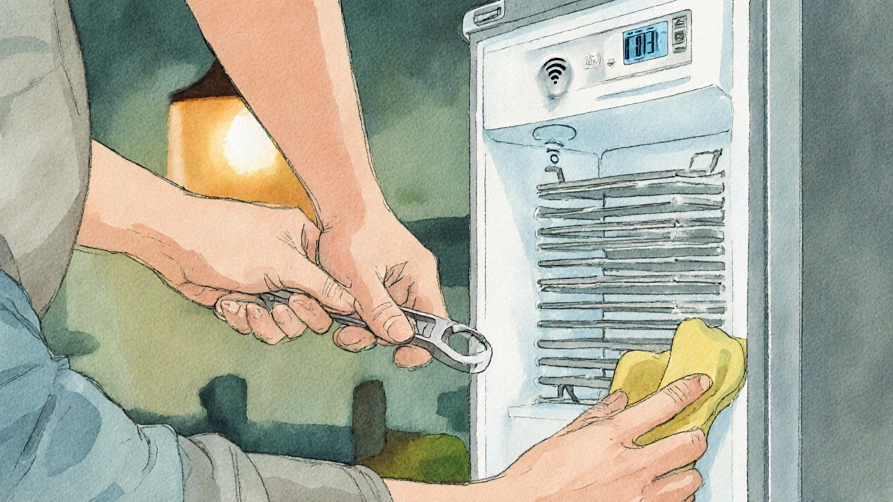 Watercolor scene of a person leveling a fridge, cleaning coils, and a smart thermostat indicating Wi‑Fi.
